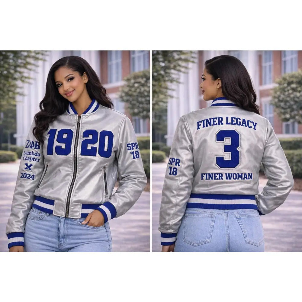 Custom Zeta Phi Beta Silver Satin Bomber Jacket front view with personalized royal blue and white design