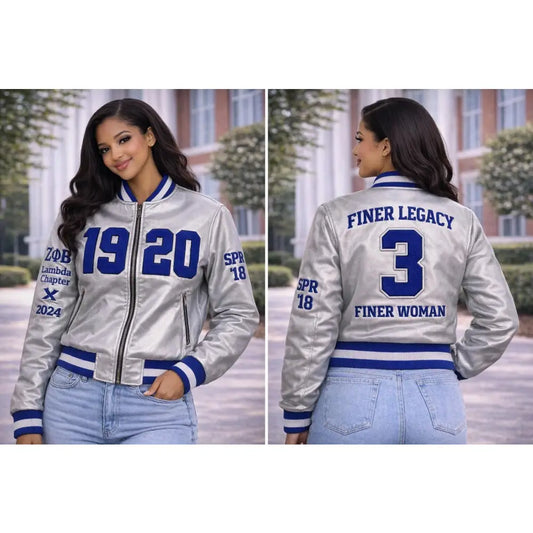 Custom Zeta Phi Beta Silver Satin Bomber Jacket front view with personalized royal blue and white design