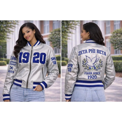 Custom Zeta Phi Beta Silver Satin Bomber Jacket sleeve view with chapter and crossing year details