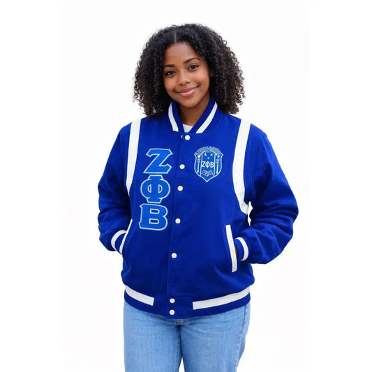 Red Zeta Phi Beta Varsity Line Jacket with personalized front, back, and sleeve embroidery