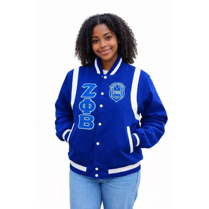Red Zeta Phi Beta Varsity Line Jacket with personalized front, back, and sleeve embroidery