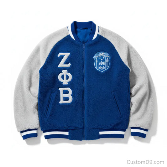 Custom Zeta Phi Beta Reversible Sherpa Bomber Jacket front view with organization-inspired bomber design