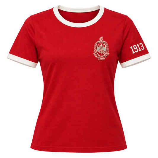 Red Delta Sigma Theta women’s ringer T-shirt with cream trim, chest crest and 1913 sleeve design
