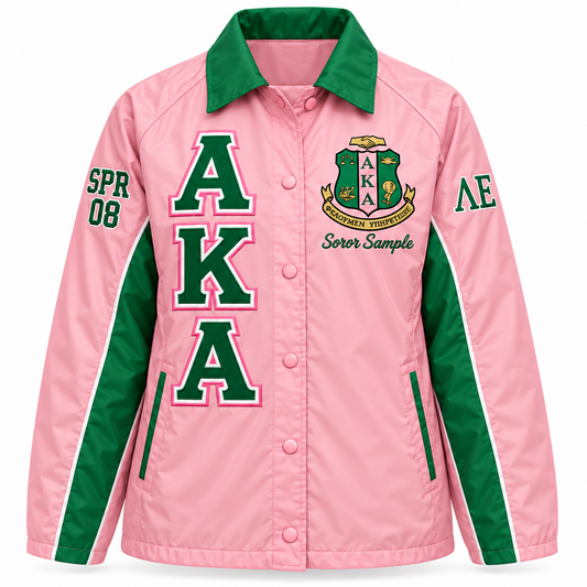 Pink and green Alpha Kappa Alpha line jacket with sample crest, stacked letters and sleeve embroidery