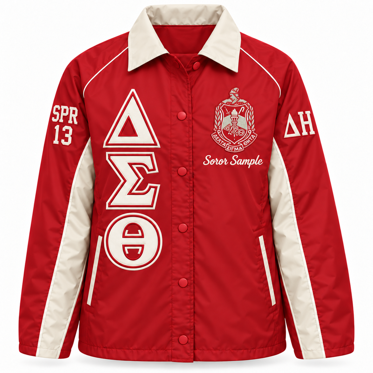 Crimson and cream Delta Sigma Theta line jacket with sample crest, stacked letters and sleeve embroidery