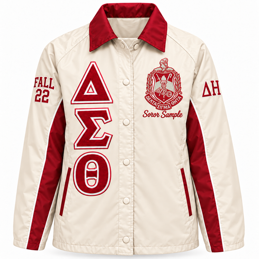 Cream and crimson Delta Sigma Theta line jacket with sample crest, stacked letters and sleeve embroidery