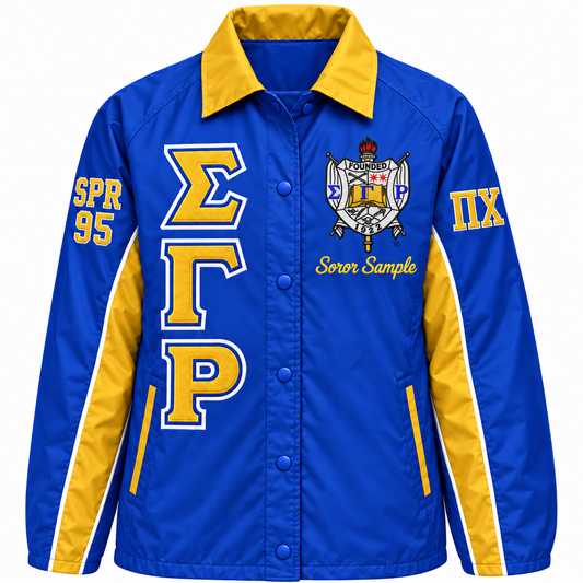 Royal blue and gold Sigma Gamma Rho line jacket with sample crest, stacked letters and sleeve embroidery