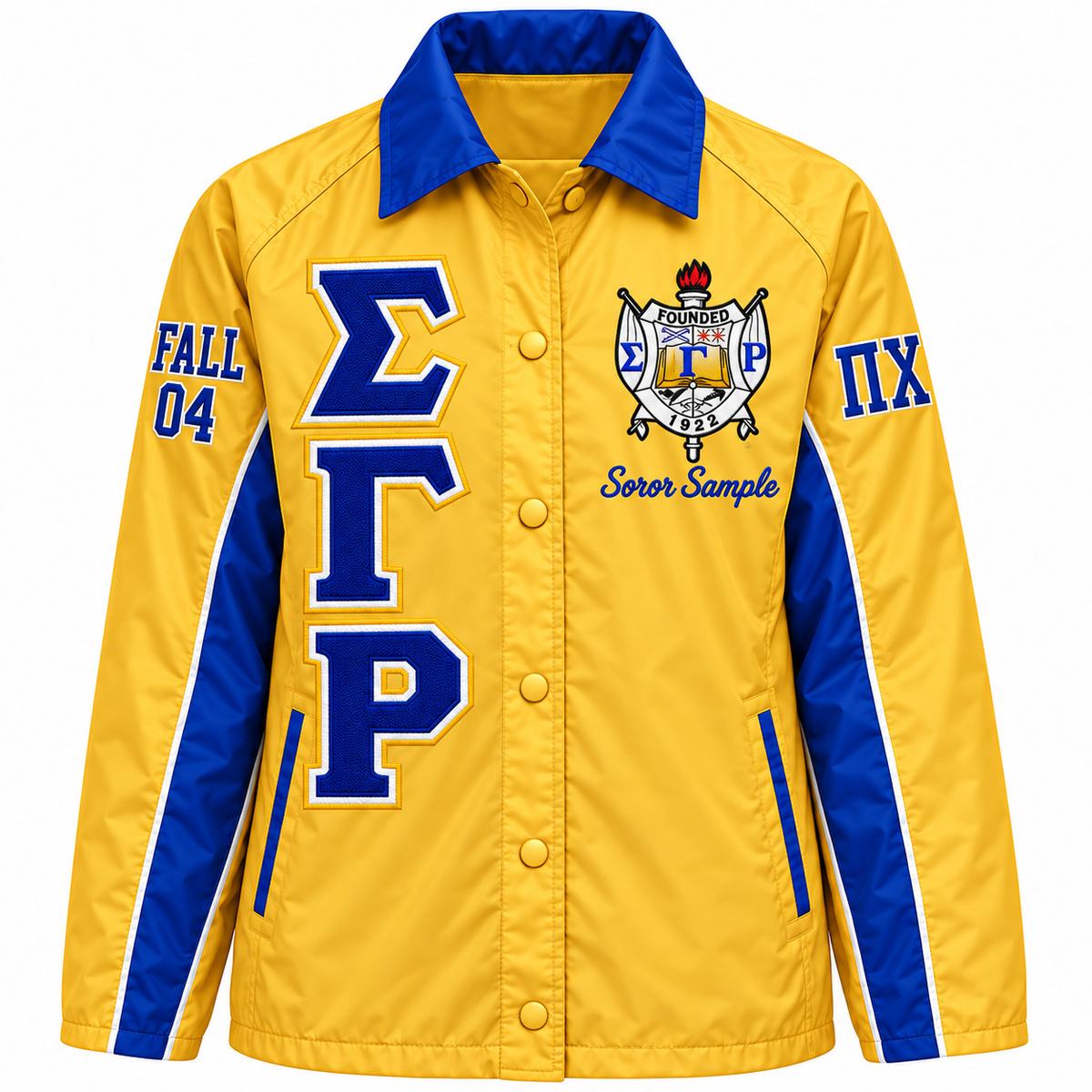 Gold and royal blue Sigma Gamma Rho line jacket with crest, stacked letters and sleeve embroidery