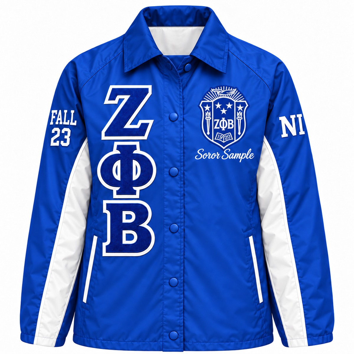 Royal blue and white Zeta Phi Beta line jacket with crest, stacked letters and sleeve embroidery