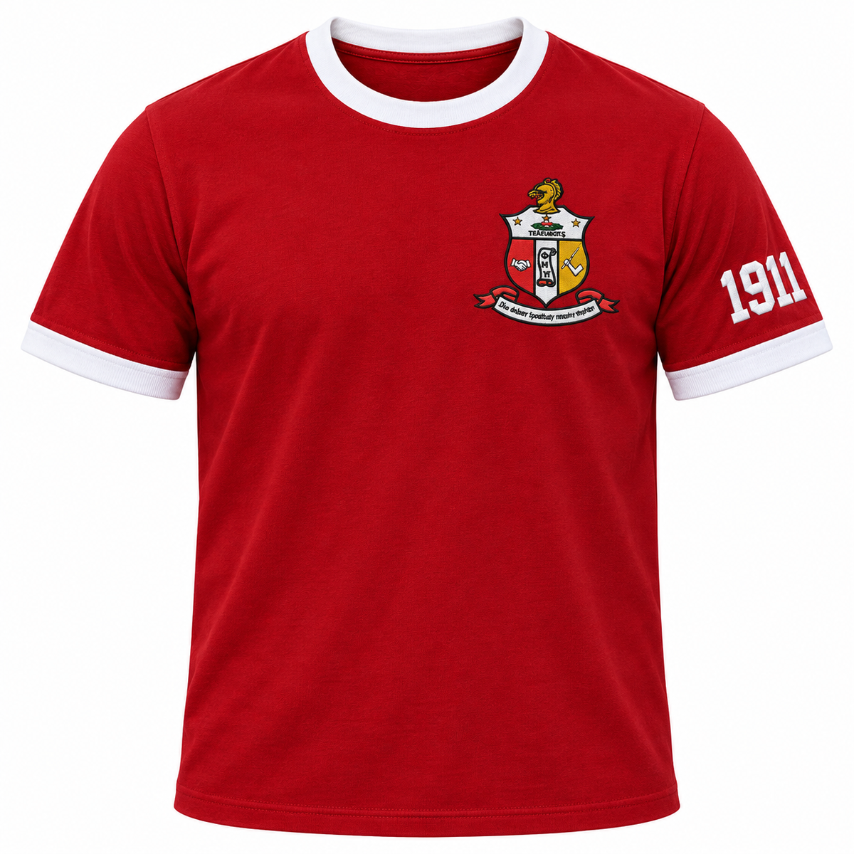 Crimson and white Kappa Alpha Psi ringer T-shirt with embroidered crest and 1911 sleeve detail