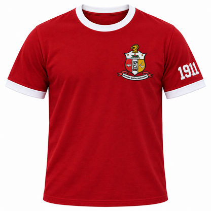 Crimson and white Kappa Alpha Psi ringer T-shirt with embroidered crest and 1911 sleeve detail