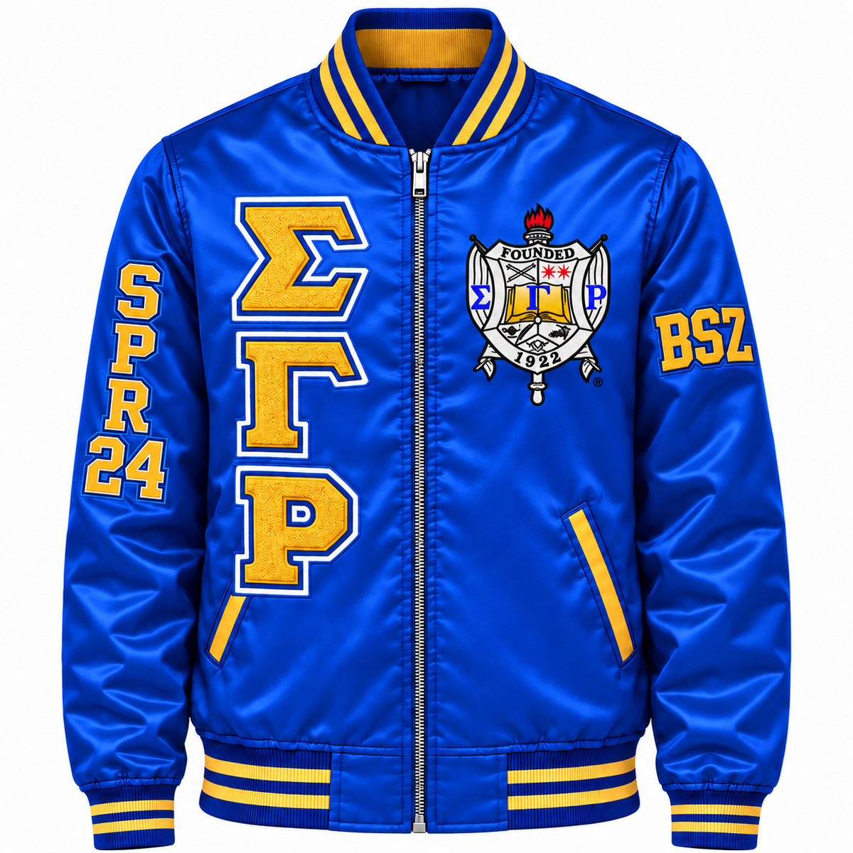 Royal blue and gold Sigma Gamma Rho satin bomber jacket with crest, stacked letters and sleeve embroidery