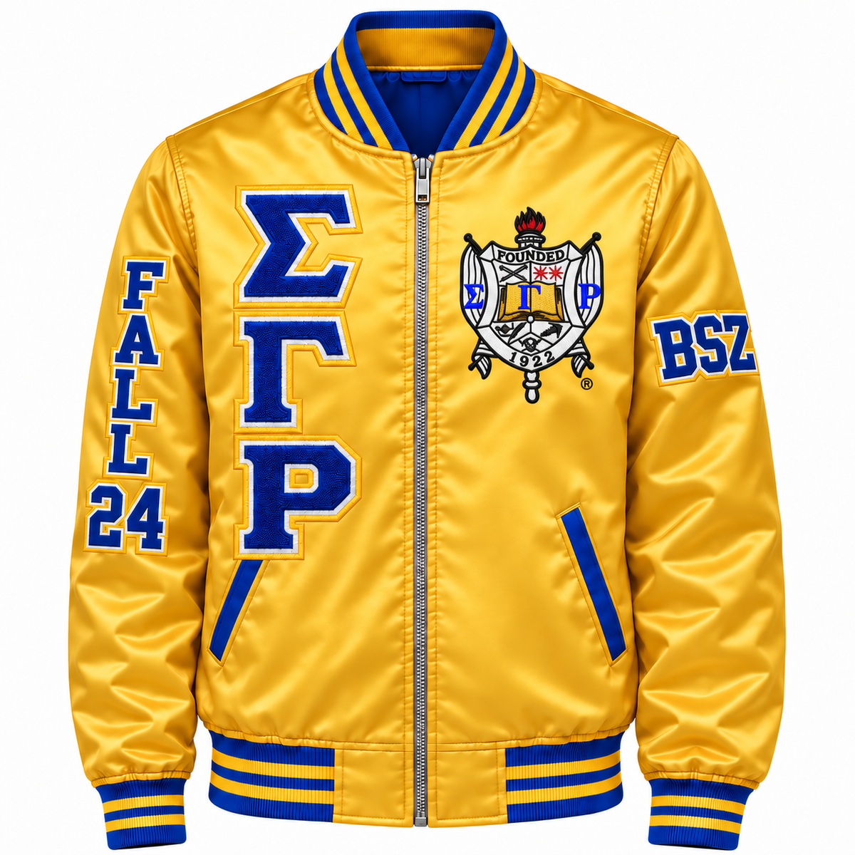 Gold and royal blue Sigma Gamma Rho satin bomber jacket with crest, stacked letters and sleeve embroidery