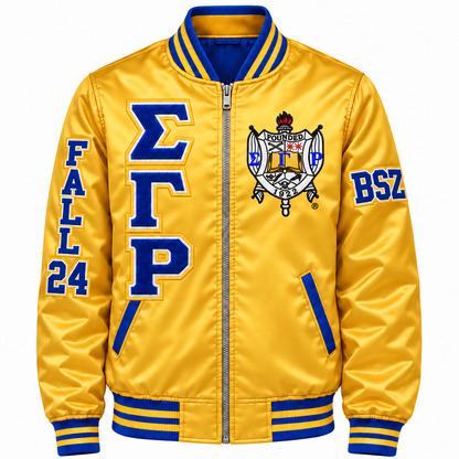 Gold and royal blue Sigma Gamma Rho satin bomber jacket with crest, stacked letters and sleeve embroidery