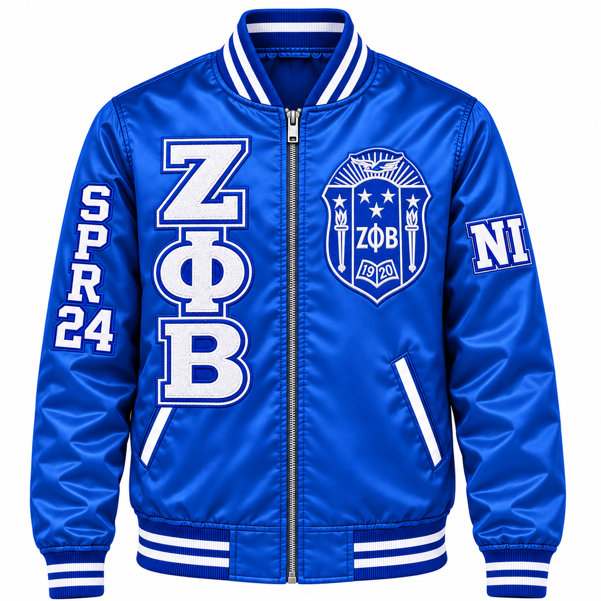 Royal blue and white Zeta Phi Beta satin bomber jacket with crest, stacked letters and sleeve embroidery