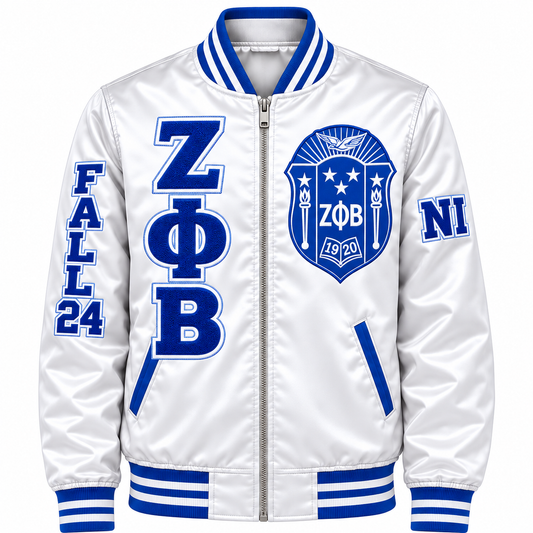 White and royal blue Zeta Phi Beta satin bomber jacket with crest, stacked letters and sleeve embroidery