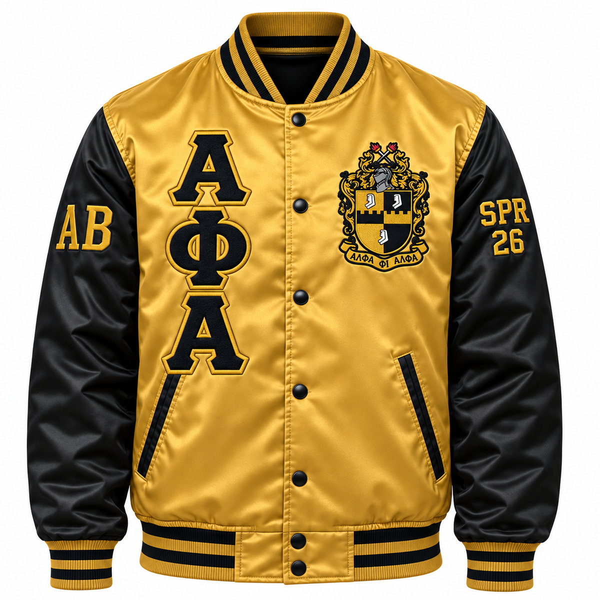 Gold and black Alpha Phi Alpha satin bomber jacket with crest, stacked letters and sleeve embroidery