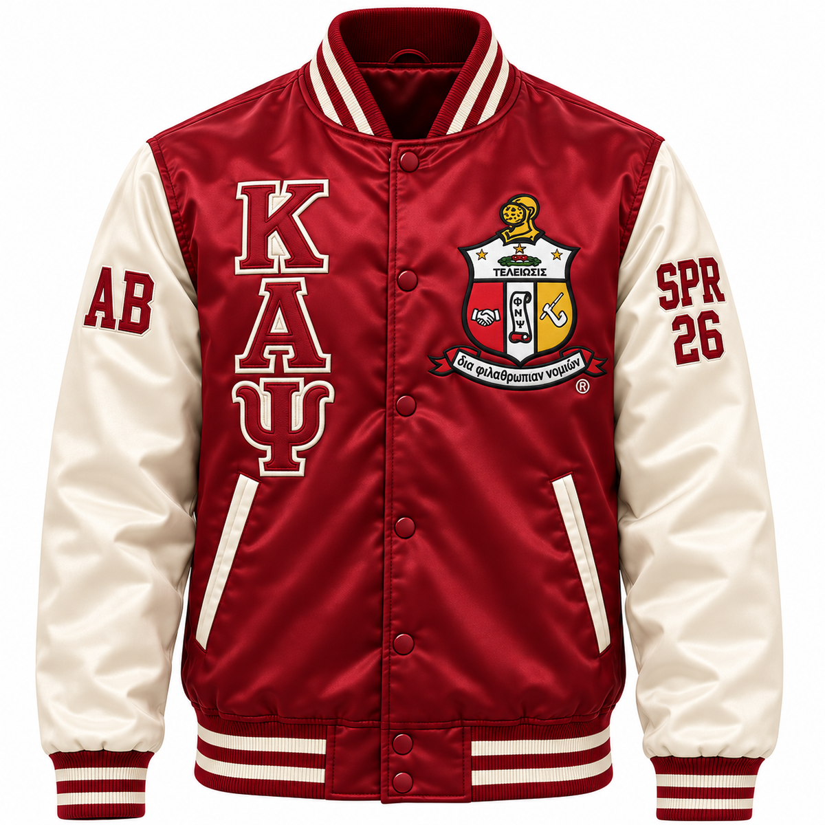 Crimson and cream Kappa Alpha Psi satin bomber jacket with crest, stacked letters and sleeve embroidery