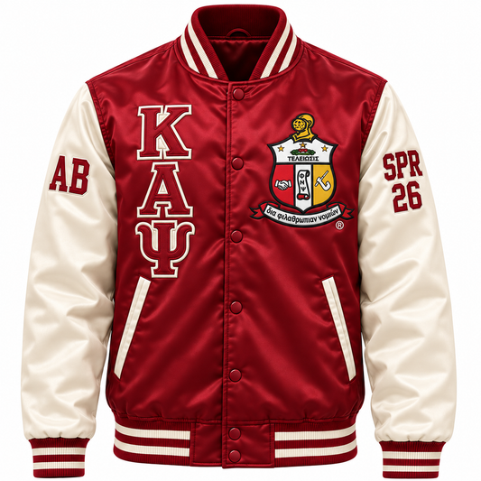 Crimson and cream Kappa Alpha Psi satin bomber jacket with crest, stacked letters and sleeve embroidery