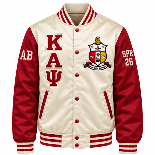 Cream and crimson Kappa Alpha Psi satin bomber jacket with crest, stacked letters and sleeve embroidery