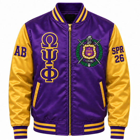 Purple and gold Omega Psi Phi satin bomber jacket with crest, stacked letters and sleeve embroidery