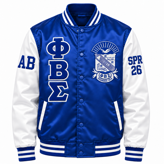 Royal blue and white Phi Beta Sigma satin bomber jacket with crest, stacked letters and sleeve embroidery