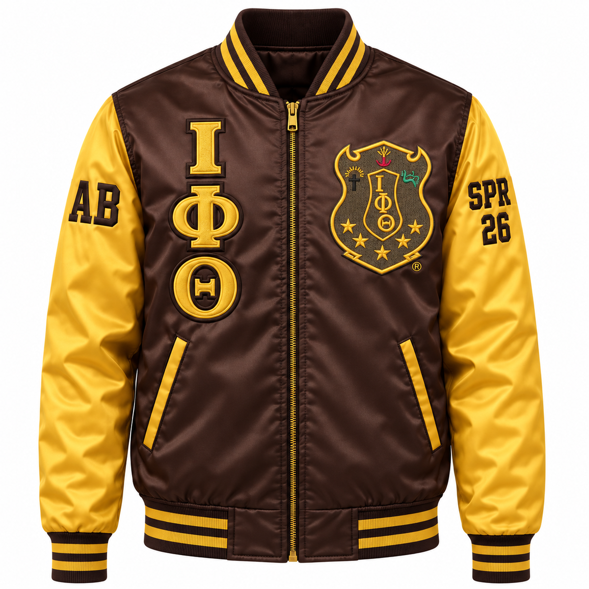 Iota Phi Theta brown and gold satin bomber jacket with crest, stacked letters and sleeve embroidery