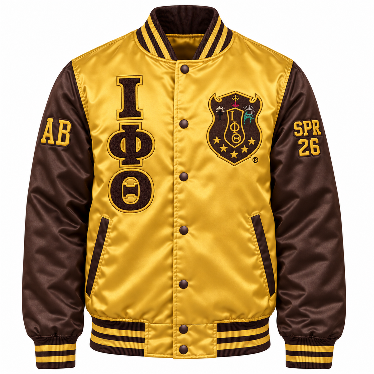 Iota Phi Theta gold and brown satin bomber jacket with crest, stacked letters and sleeve embroidery