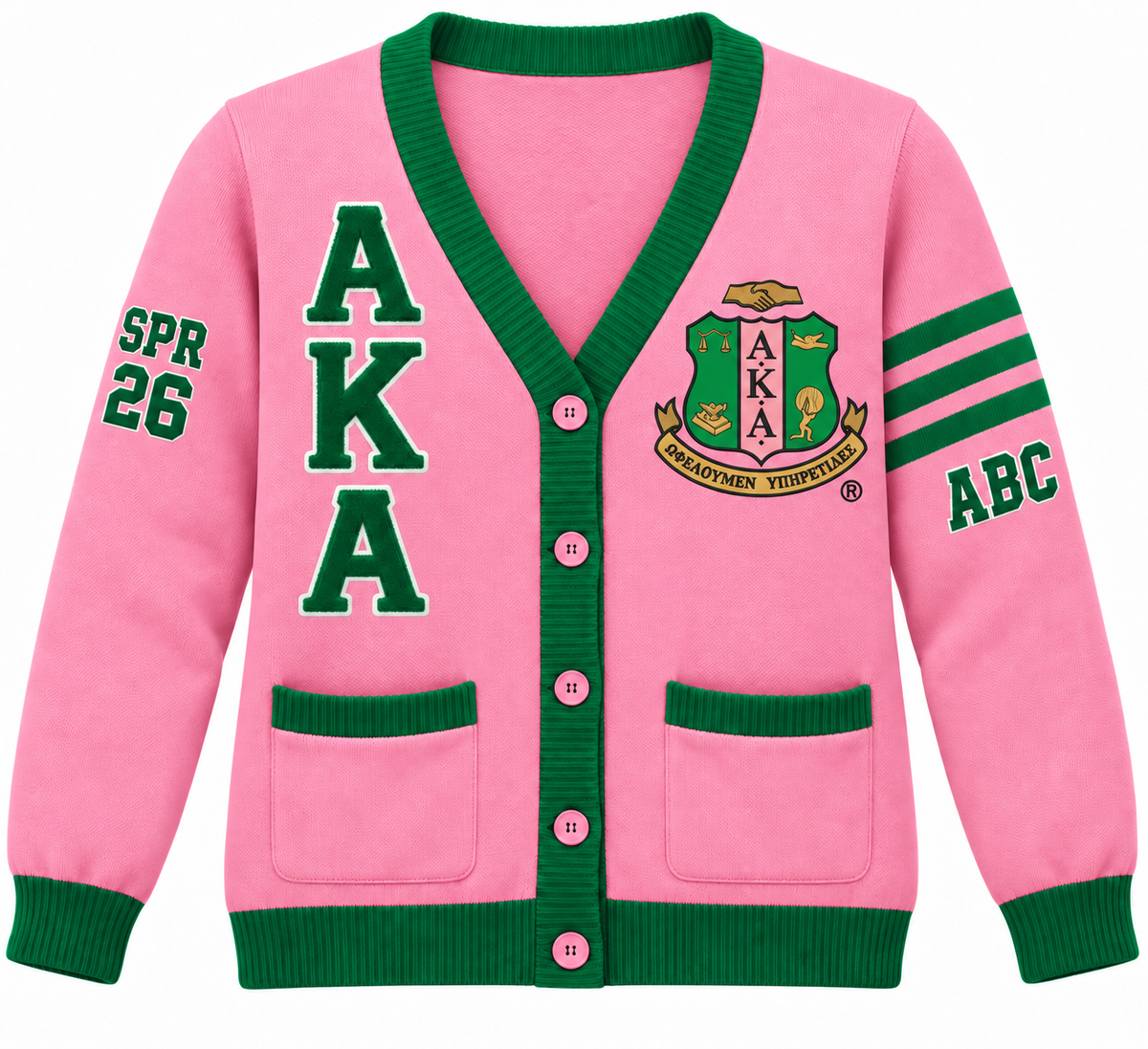 Alpha Kappa Alpha pink and green cardigan with crest, stacked letters and sleeve embroidery