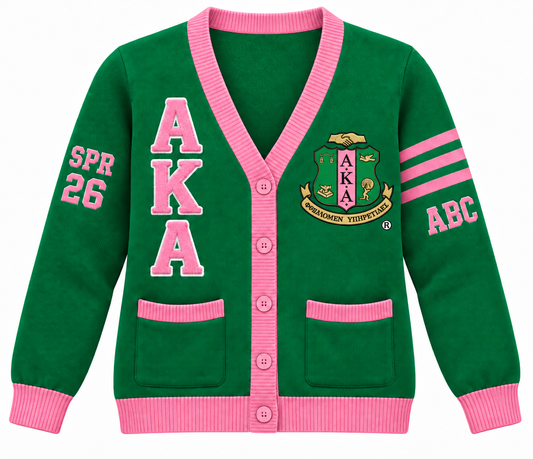 Alpha Kappa Alpha green and pink cardigan with crest, stacked letters and sleeve embroidery