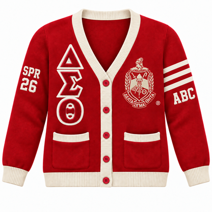 Delta Sigma Theta crimson and cream cardigan with crest, stacked letters and sleeve embroidery