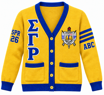 Sigma Gamma Rho gold and royal blue cardigan with crest, stacked letters and sleeve embroidery
