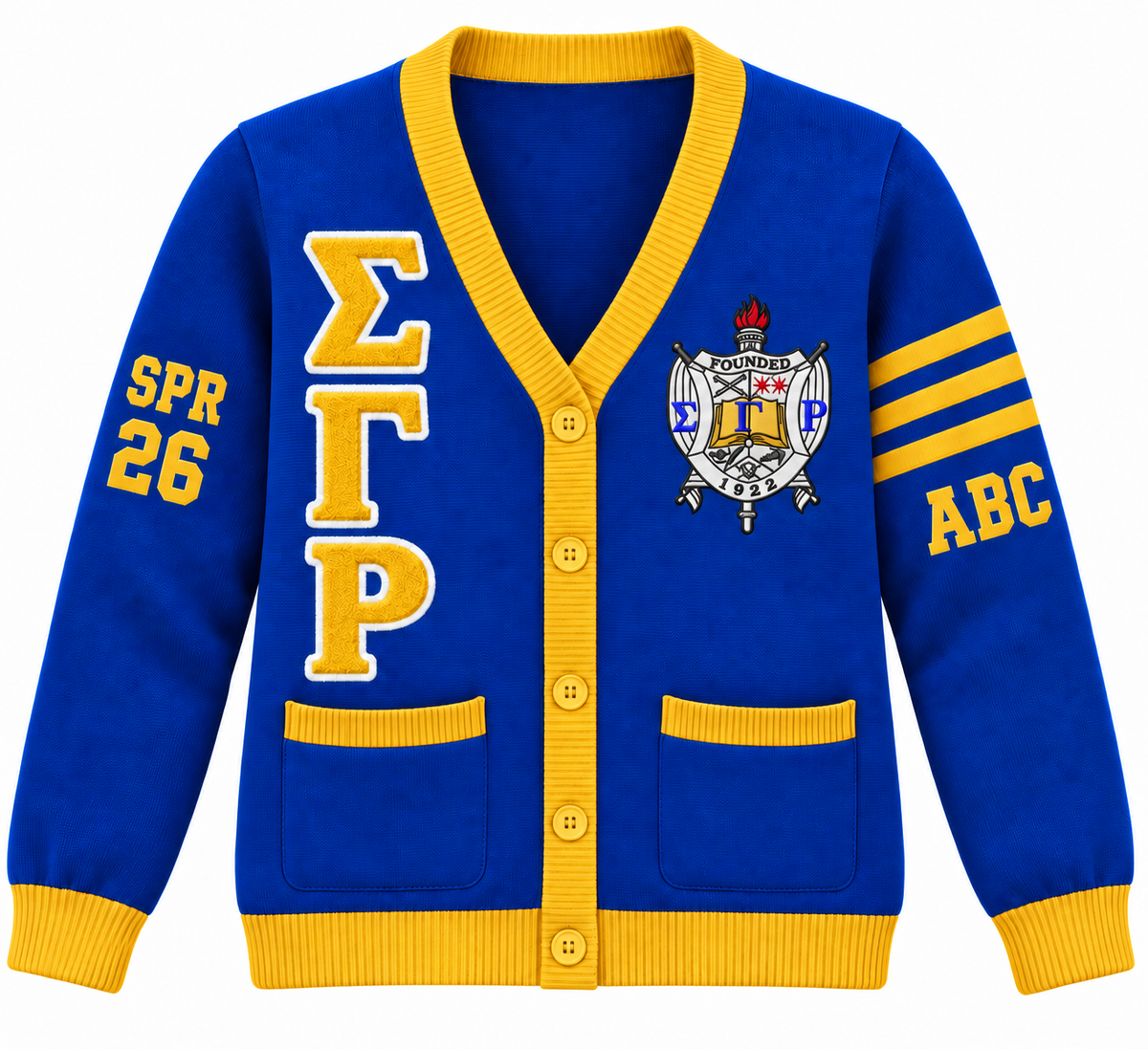 Sigma Gamma Rho royal blue and gold cardigan with crest, stacked letters and sleeve embroidery