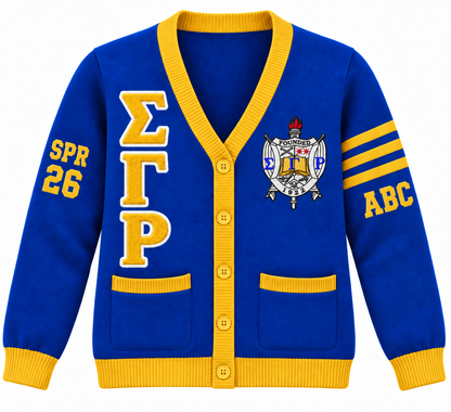 Sigma Gamma Rho royal blue and gold cardigan with crest, stacked letters and sleeve embroidery