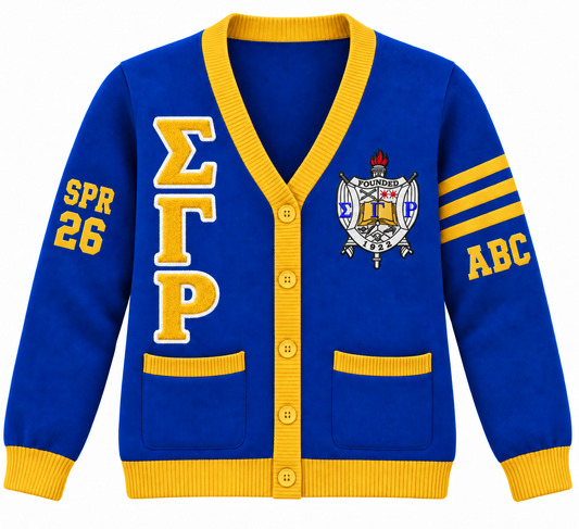 Sigma Gamma Rho royal blue and gold cardigan with crest, stacked letters and sleeve embroidery
