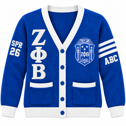Zeta Phi Beta royal blue and white cardigan with crest, stacked letters and sleeve embroidery