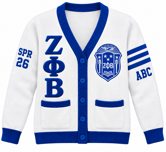 Zeta Phi Beta white and royal blue cardigan with crest, stacked letters and sleeve embroidery