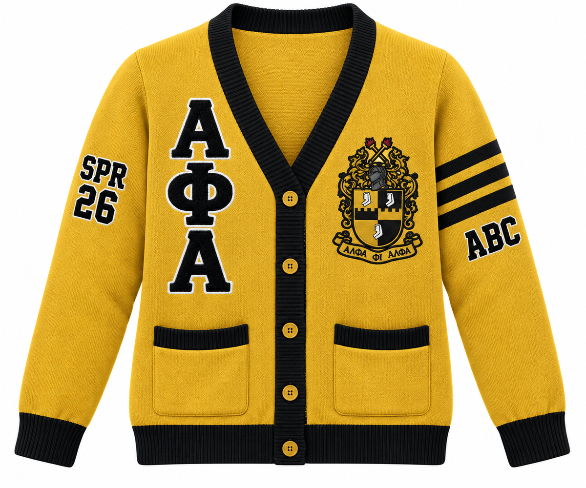 Alpha Phi Alpha gold and black cardigan with crest, stacked letters and sleeve embroidery