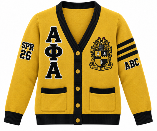 Alpha Phi Alpha gold and black cardigan with crest, stacked letters and sleeve embroidery