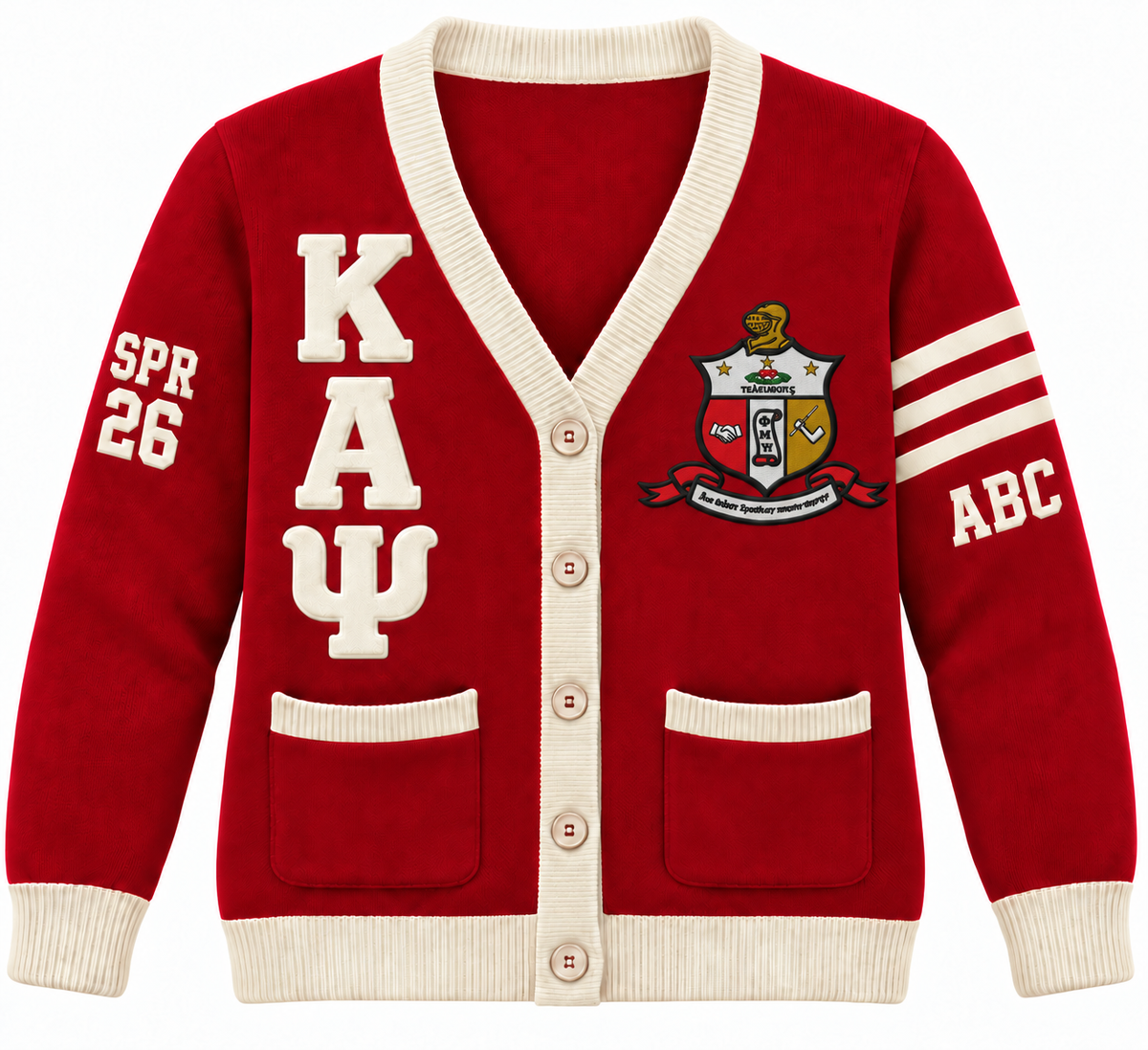 Kappa Alpha Psi crimson and cream cardigan with crest, stacked letters and sleeve embroidery