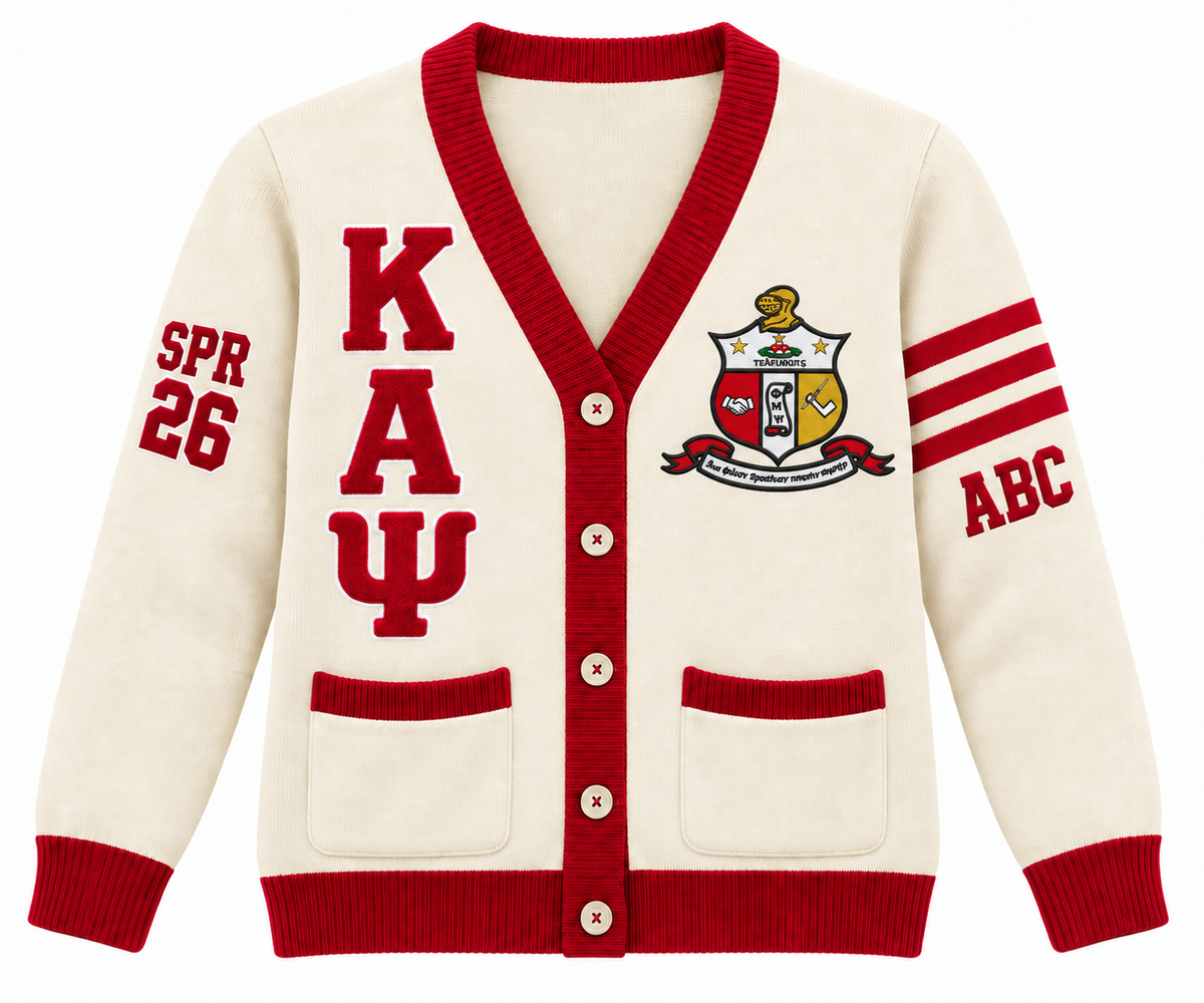 Kappa Alpha Psi cream and crimson cardigan with crest, stacked letters and sleeve embroidery