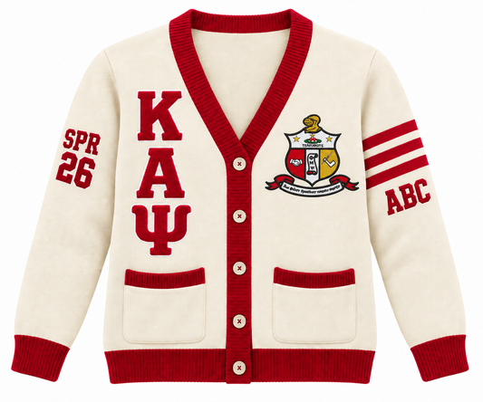 Kappa Alpha Psi cream and crimson cardigan with crest, stacked letters and sleeve embroidery