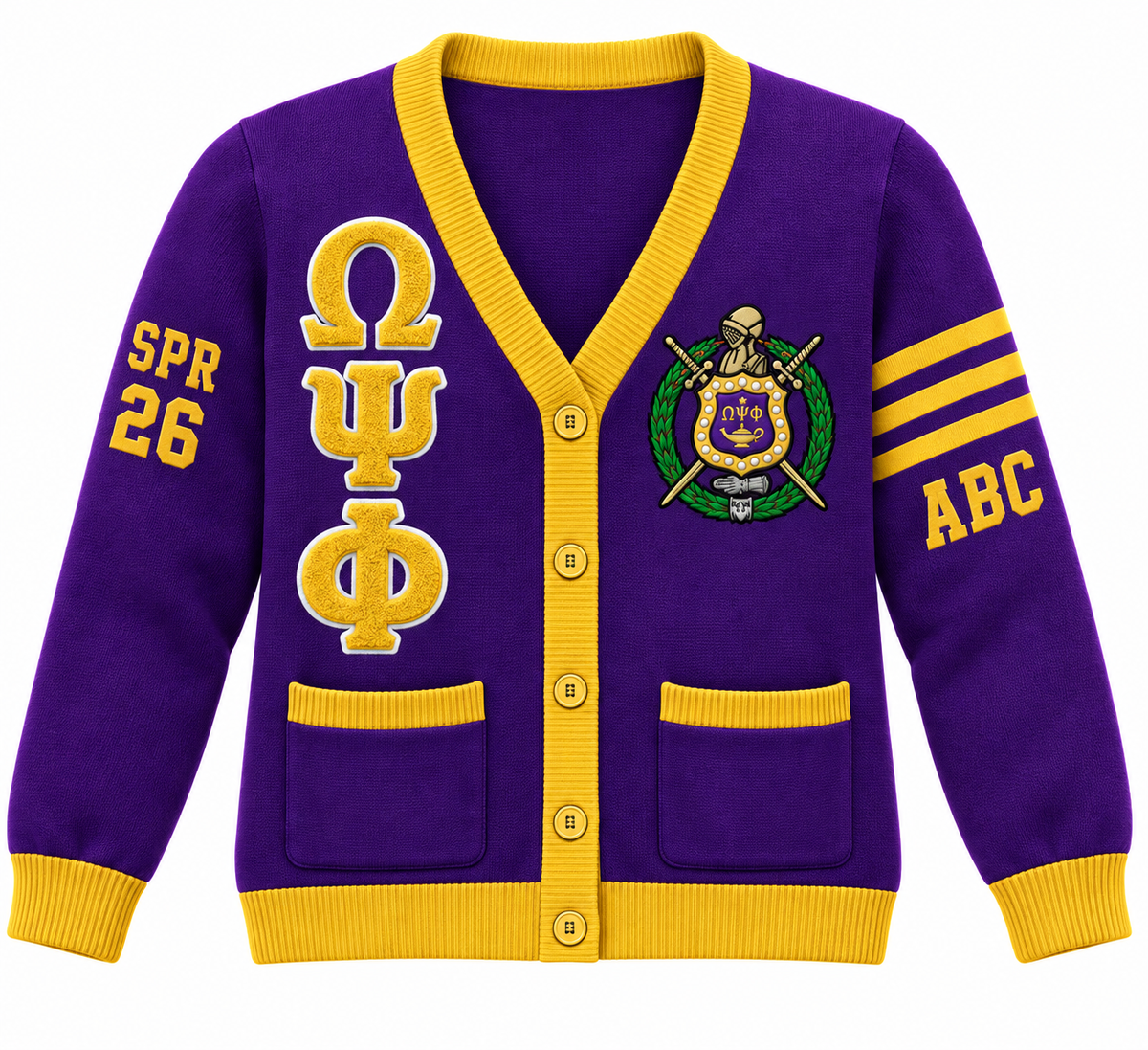 Omega Psi Phi purple and gold cardigan with crest, stacked letters and sleeve embroidery