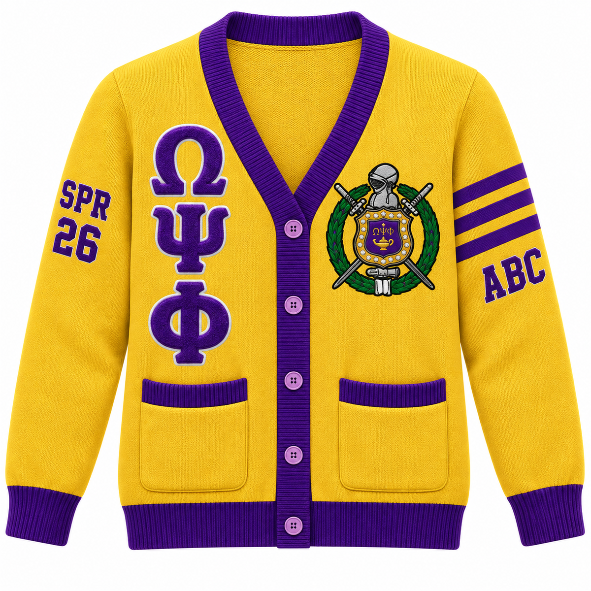 Omega Psi Phi gold and purple cardigan with crest, stacked letters and sleeve embroidery