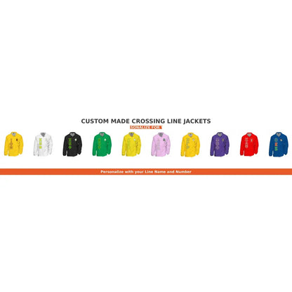 Red custom embroidered Coach Line Jacket with personalized front, back, and sleeve embroidery
