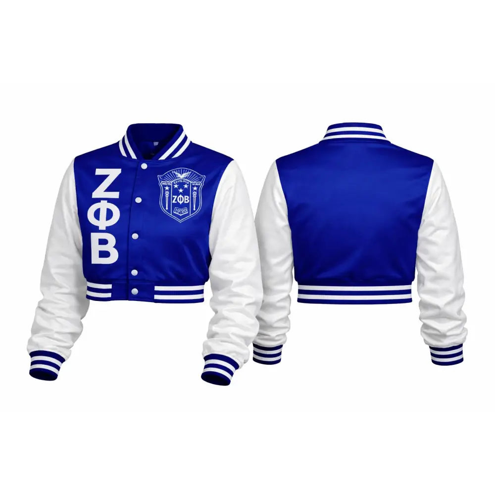 Red Zeta Phi Beta Cropped Line Jacket with personalized front, back, and sleeve embroidery
