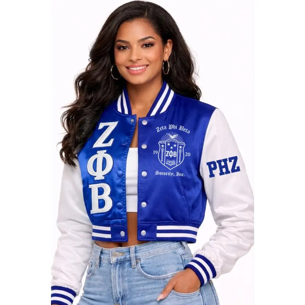 Red Zeta Phi Beta Cropped Line Jacket with personalized front, back, and sleeve embroidery