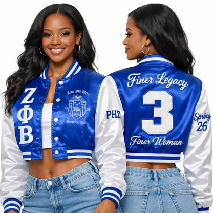 Red Zeta Phi Beta Cropped Line Jacket with personalized front, back, and sleeve embroidery