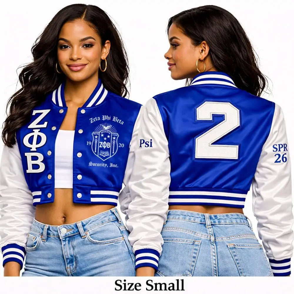Red Zeta Phi Beta Cropped Line Jacket with personalized front, back, and sleeve embroidery