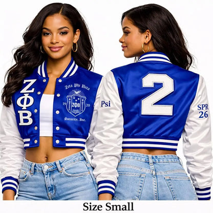 Red Zeta Phi Beta Cropped Line Jacket with personalized front, back, and sleeve embroidery